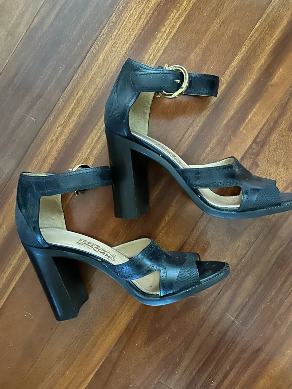 Salvatore Ferragamo Black Suede Platform Sandals with Gold Buckles